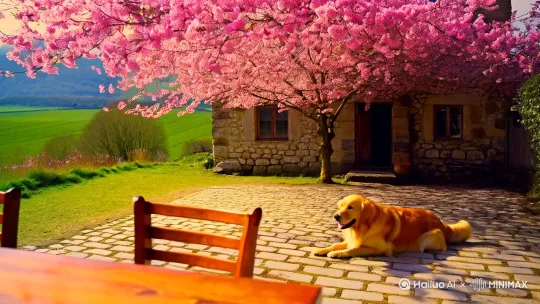 "这是一幅宁静的乡村景色，一座饱经风霜的石屋静静地矗立在盛开的粉红色樱花树下，花瓣在柔和的阳光下像粉红色的云一样旋转。前景是一张质朴的木桌和椅子，装饰着一套简单的茶具，在金色的阳光下闪闪发光。一只心满意足的金毛猎犬躺在阳光照射下的鹅卵石上打瞌睡。 尾巴懒洋洋地抽动着，连绵起伏的翠绿色农田延伸到远方，与云雾缭绕的群山融为一体，柔和的琥珀色调与冷蓝色相融，营造出一种宁静的氛围，时间仿佛缓慢下来，细致入微的野花、木质纹理和斑驳的阴影更增添了诗情画意的田园。 by Hailuo AI Video Generator