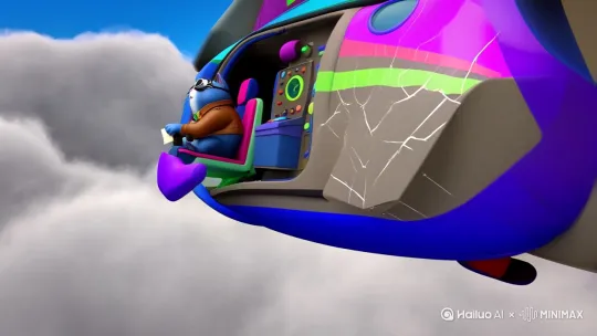 A chubby blue cat wearing a leather pilot jacket and aviator goggles is sitting in a helicopter cockpit, paws gripping the joystick. The helicopter is tilting sharply in a cloudy sky, with smoke billowing from the engine and the propeller spinning wildly. The dashboard is cracked, buttons are flying off, and papers are swirling around the panicked cat, whose ears are flattened and tail is fluffed. In the distance, a city skyline is visible. Cartoon style with bright colors and exaggerated physics, showing a comedic crash scene. by Hailuo AI Video Generator