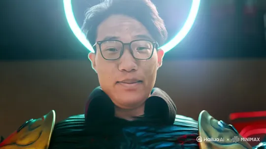 分镜1: 镜头从人物面部特写开始。皮肤表面显现黑色火焰纹路，细微的鳞片状结构逐渐蔓延。采用近景构图，霓虹灯光照射下的细节清晰可见。写实电影风格渲染使每片龙鳞的反光都极具质感。 分镜2: 摄像机拉远并上升至全景。人物胸口旋转的黑龙印记迸发熔岩状能量，暗金色护臂随手臂鳞片翻卷逐渐成形。镜头下摇过程中，背后能量龙翼破体展开，暗红色光效与黑色鳞甲形成强烈视觉对比。 分镜3: 最终全身铠甲覆盖的黑龙战士占据画面中央。红色能量脉络在黑金甲胄间隙流动，龙形面具眼部发出冷峻蓝光。写实电影风格突显铠甲与肉体融合的生物机械质感，背景环绕着若隐若现的能量漩涡。 by Hailuo AI Video Generator