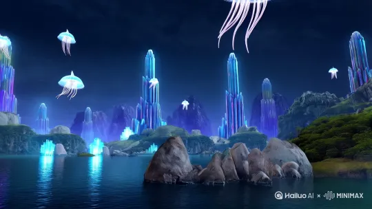 视觉元素：
- 悬浮的石块和小岛
- 空中漂浮的发光水母般生物
- 巨大的水晶柱从地面生长
- 魔法粒子在空气中闪烁
- 远处有不可思议的巨型建筑 [10秒极限]悬浮山*3+闪现大门+饕餮门环+裂镜双帧女神+残影火麒麟+粒子星空 by Hailuo AI Video Generator
