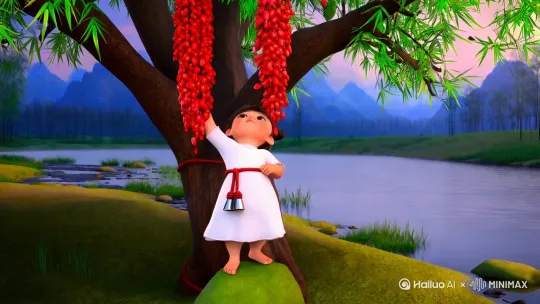 以下是基于王维《相思》诗句创作的提示词，每句对应一个画面，严格遵循您的要求：

--
3D皮克斯风格中国古代卡通场景，春日山谷中，三岁圆脸小女孩穿白色齐腰襦裙，扎双丸子头，赤脚站在溪边红豆树下。树冠缀满鲜红红豆，叶片青翠欲滴，远处黛色山峦笼罩薄雾。女孩踮脚仰望红豆，肉乎乎小手扶住树干，腰间系红绳银铃，脚边散落几颗红豆。阳光透过树缝洒下光斑，画面色彩柔和如水彩。


仰视视角，小女孩趴在青石上托腮，白色裙摆沾着草叶。面前一支新生红豆嫩枝从岩缝钻出，两片卷曲新叶托着未绽花苞。女孩伸出食指轻触叶片，睫毛纤长投下阴影，脸颊泛桃红。背景虚化的竹林随风摇曳，三只蓝翅蝴蝶掠过溪面，水面倒影模糊成印象派笔触。

俯拍镜头，小女孩跪坐竹编簸箕旁，白裙铺成圆形如莲座。周围散落百颗红豆，她正将红豆串成项链，脚边竹篮已装半筐红豆。手腕银镯与红豆相撞叮咚，发间别着掉落的小红花。背景木窗棂透进夕阳光束，尘粒在光柱中舞动，窗台陶罐插着折断的带叶红豆枝。
小女孩双手捧红豆贴在心口，泪珠在眼眶打转未落下。背后虚化的月夜庭院，纸灯笼暖光晕染飞檐，廊下风铃轻响。红豆从指缝漏出两颗，衣襟沾着泥点，丸子头松散垂下一缕发丝。飘落的花瓣停驻肩头，瞳孔映出远方群山剪影，整体色调偏蓝紫凸显思念情绪。

人物模型：头身比1:3，杏仁眼含水光，鼻头圆钝带高光，嘴唇粉嫩如花瓣。白裙为唐制半臂襦裙，领口袖缘绣银线云纹，裙摆渐变淡青色。所有场景保持皮克斯式夸张表情与柔焦光效，避免写实纹理，确保四组画面人物、服装、发型的绝对一致性。 by Hailuo AI Video Generator