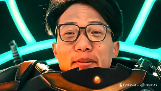 角色脸部开始异变，皮肤浮现黑色火焰般的数据纹路，如电流般迅速蔓延。机械结构从颧骨处破出，金属板块沿面部扩展，迅速覆盖面部轮廓。霓虹光映照下，合金表层泛起冰冷光泽，面部装甲彻底成型，表情冷峻。

胸口能源核心随即启动，强光脉冲中，一圈圈熔铸质感的暗金装甲自体内析出。装甲沿着手臂覆盖并锁定，肩部与背部结构自动展开，机械臂架破体而出，推进器在背后张开，能量管线点亮，全身开始高强度激活。

腿部装甲紧随而上，锁定膝关节与踝部结构，面罩闭合，眼部亮起冰蓝光芒。此刻的他，全身机甲融合完成，通体暗金与黑色交织，能量脉络如血管般浮现暗红光线，环绕在装甲缝隙中跳动。脚下地面崩裂，气流翻涌，战斗形态彻底解锁。

下一秒，他猛然跃起，拖出一连串炽白推进尾焰，重力仿佛失效，整具机体如导弹般冲破高空。音爆瞬间炸开，周围空气被强力撕裂，掀起巨大的环形冲击波。

随之而来的是天色异变。原本的霓虹夜幕被一股无形能量撕开，云层剧烈翻滚，天空出现一道暗红裂缝，雷电疯狂闪烁，整片天幕如同响应他的觉醒一般产生巨大共鸣。能量风暴在高空中翻腾，天地变色，场面震撼至极。 by Hailuo AI Video Generator