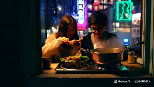 [分镜1] 文生视频提示词：
"阴雨绵绵的傍晚，老式居民楼3层窗内，一对年轻情侣围坐电磁炉吃火锅。女生（穿米色毛衣）夹起肥牛卷时汤汁溅到男生（戴黑框眼镜）袖口，男生笑着用纸巾擦拭，窗外霓虹灯在雨幕中晕染成光斑，镜头缓缓推近至蒸汽升腾的铜锅特写。"

[分镜2] 图生视频指令：
上传出租屋场景图，输入："镜头从火锅蒸汽中穿出，女生夹菜时头发被风吹起，男生伸手帮她捋到耳后，背景雨滴在玻璃上划出蜿蜒水痕，使用电影级浅景深效果。" by Hailuo AI Video Generator