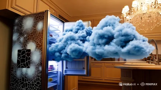 打开贴着冰裂纹贴纸的冰箱门时，冷冻层窜出的靛青色云团裹着霜花，在吊灯下凝成棉花糖状的积雨云。潮湿的冷气漫过空气炸锅和过期酸奶，云层表面浮现出泛着荧光的黑白矩阵。当第一滴雨滴砸中智能音箱，屏幕亮起的瞬间，客厅地毯开始浮现半透明的操作界面——扫码下载的暴雨使用说明书里，赫然写着「建议搭配过期苏打饼干服用」，而窗外的阳光正把晾衣杆烤出焦糖色。 by Hailuo AI Video Generator