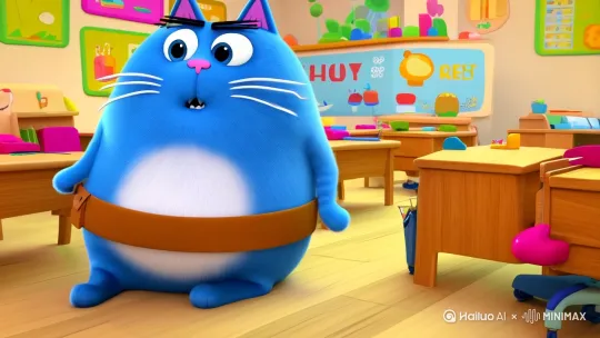 怎一只蓝色的猫它很胖。很可爱他在学校里很生气。嘴里还在吐槽学校。 by Hailuo AI Video Generator