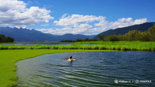 生生成一段靓女泳装游泳视频，背景元素:蓝天白云，远景:连绵山川，中景:左右绿植、中间湖面微波起伏，前景:平坦绿地，湖中一靓女向前左方岸边游泳，用向前环左方向运镜，影像具有电影质感，主体:人物游泳 by Hailuo AI Video Generator