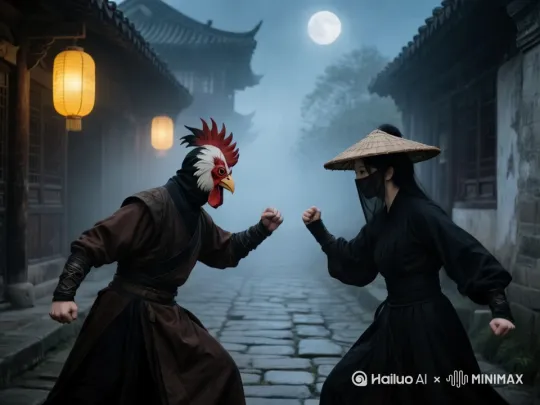 史诗般的暴力打斗场面，镜头跟随图片的两人拳打脚踢。快速暴力动作片作为两人的生死战，电影级，拳打脚踢动作非常快速，打出灰尘，打出幻影，人物特征不变形。 by Hailuo AI Video Generator