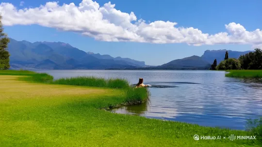 生生成一段靓女泳装游泳视频，背景元素:蓝天白云，远景:连绵山川，中景:左右绿植、中间湖面微波起伏，前景:平坦绿地，湖中一靓女向前左方岸边游泳，用向前环左方向运镜，影像具有电影质感，主体:改变人物游泳方向，向岸边游来，突显人物游泳形态[推进,上升] by Hailuo AI Video Generator