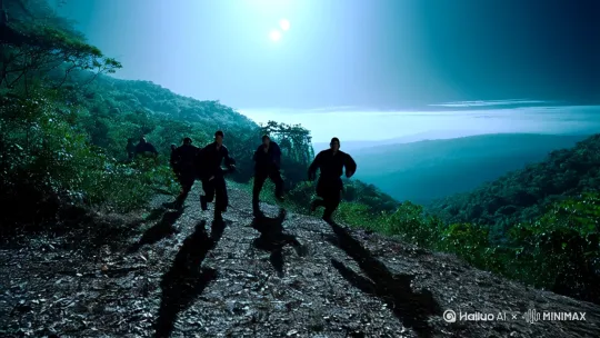 在月圆的夜晚，六个黑影追着越东穿梭在山岳丛林中，六个黑衣人不时飞梭暗器射向越东，越东不停躲闪，很快来到前面三十米处悬崖边上，悬崖下面雾气蒙蒙深不见底，如深渊般深邃。此时越东冷静看着下面，跳下去生死不知，不跳下去被后面*＊追上是必死，现在不容思考，于是从容跳跃下了万丈深渊，此时追上来的＊＊看到越东跳入悬崖，六人走到崖边看着下面漆黑如墨的深渊片刻，其中一人，似乎是领队摘下面具，是个四十岁左右强壮男子，说："此处为恶魔崖禁地，他有死无生，回去复命。"然后六人消失在悬崖边。越东跳下悬崖身体不停下坠，无尽黑暗笼罩着身体不知多少时间只听轰隆一声就不省人事了。不知又过了多长时间浑身冰冷的越东感觉自己在水中不停旋转，好像是漩涡中，突然浑身一轻，啪哒一身身体落地摔在草地上，此时越东清醒过来，定睛仔细观察周边，似乎是一个莹莹光辉巨大空间，灵气充裕，灵气化液的程度。越东如今身体多处伤口，多处骨裂，无心探究盘腿吐息疗伤起来，这宁静的空间周边落针可闻。 by Hailuo AI Video Generator