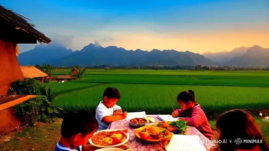 治愈系风景写实插画，远山，日落，绿油油的稻田，院子里一桌美味，80年代，乡村土建筑，茅草屋院子里有鸡鸭鹅，姥姥在地里干活，小孩在旁边写作业，8K高清晰，电影质感 by Hailuo AI Video Generator
