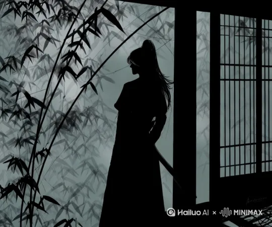图中的竹叶和发丝随风飘动 并且有竹叶飘落 by Hailuo AI Video Generator