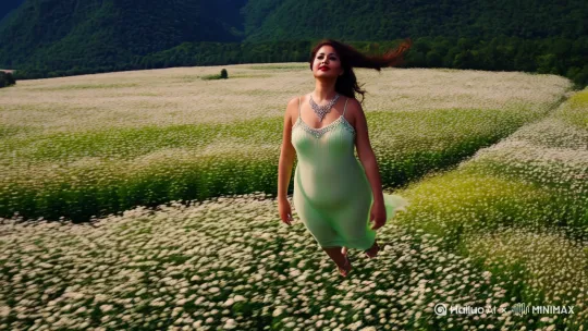 以繁茂盛开的浅色花卉为背景，主体是一位穿着透明浅绿吊带裙的女性，梨形高挑身材，裙身点缀精致饰品 ，慢慢飞向高空，穿过田间，穿过河流、高山。发丝随风摆动呈现出一种清新、柔美的氛围感，光线为自然柔和的光影效果。摄像机跟随主体，再旋转。越真实越好，越清晰越好。，比例 9:16。[推出,上升,下摇][右移,左摇,跟随] by Hailuo AI Video Generator