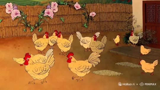 农家院中芦花鸡群欢快啄食，墨线勾出竹篱笆上牵牛花藤，幼雏追逐稻谷飞扬，淡赭晕染秋日斜阳，留白处隐约可见远处青山田垄。 by Hailuo AI Video Generator