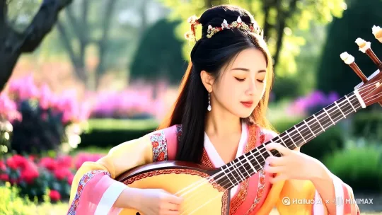 中景镜头，女子娴熟的在花园里弹着琵琶，镜头聚焦在她的脸部 by Hailuo AI Video Generator