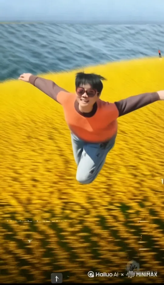快速高空跟踪镜头移动，无人机视角，一个超现实的高速梦境序列，相机紧密跟踪，相机从略高位置的俯视角度紧密跟踪从左后方向右后方向移动，随着角色迅速穿越场景，环境是动态的，快速变化。女人像仙女一样快速飞向很高的空中，飞的非常高，距离地方至少上百米，轻松地在空中向前快速滑行，头部向前捕捉平滑水平飞行的感党。下面有金黄色油菜花海和自然景观，女人伸开双臂俯卧向前，身下是绿水青山，运动清淅和光迹增強了速度和流畅性，快速移动。防止异常动作。人物正常。 by Hailuo AI Video Generator