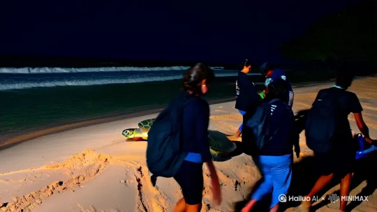 【第二幕：海龟的温柔之夜】
(夜幕降临，海滩上，志愿者们正小心翼翼地帮助海龟归巢产卵)
旁白：“夜幕降临，我们前往奥斯蒂奥纳尔海滩，参与了一场关于生命延续的神圣仪式。在这里，绿海龟缓缓爬上海滩，完成它们一生中最重要的使命——产卵。每一颗卵都承载着新生命的希望，而我们，有幸成为了这段旅程的见证者。” by Hailuo AI Video Generator