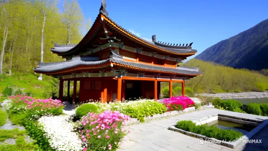 大山边小河旁徽派小院，春天的气息，繁花锦簇，诗情画意 by Hailuo AI Video Generator
