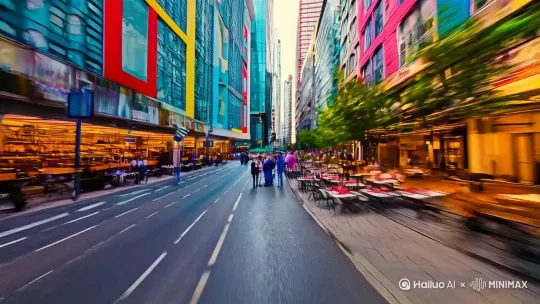 r-realistic, cinematic  Start with a fast-paced FPV drone shot at street level, racing swiftly through a bustling city street. The drone zooms past pedestrians, café tables, and vehicles in a blur, narrowly avoiding a slow-moving bus and speeding cars. The motion blur intensifies the sense of speed. The camera stays low to the ground, weaving between obstacles with sharp dynamic movements, capturing the warm sunlight reflecting off glass buildings along the way. Occasionally, the drone flies through a gap in the trees, revealing glimpses of the sky and city skyline. The final shot pulls up quickly to showcase the urban landscape bathed in the golden hour glow, all within a 5-second window, maintaining fluidity and excitement. by Hailuo AI Video Generator