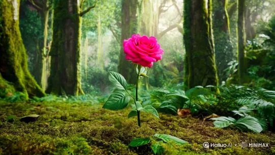 原始森林里一朵玫瑰花[下降,上摇]突然一股青烟围绕玫瑰花，花朵摇晃几下，变成了头戴玫瑰花，身穿玫瑰花瓣做成的高贵礼服，动作丝滑的转动一圈[左移,右摇,跟随] by Hailuo AI Video Generator