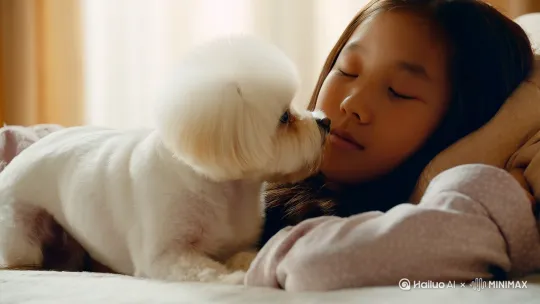 比熊犬用伸出的前爪扒拉着女主的手臂，（清晨柔光）：白色比熊犬的尾巴扫过主人脸颊，爪子扒拉被子边缘，华人脸，长发少女穿着睡衣躺在床上，慢慢睁开眼睛，（背景音：鸟鸣+尾巴拍打床垫的“噗噗”声）。 by Hailuo AI Video Generator