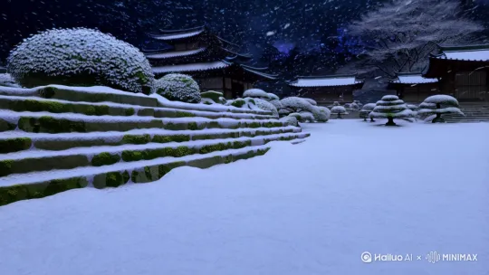 雪落时分,天地宁静如止水。镜头缓缓推进,一座古老日式庭院被洁白的雪覆盖,青苔石阶隐于白茫之下。空中缓缓飘落的雪花,如同无数缓慢张开的蝶翼。镜头聚焦,一株孤独的早樱在雪中盛开,粉嫩的花瓣在雪幕中洇开,如梦似幻。
特写镜头:月光洒落,映在花瓣边缘,泛起一圈淡银色光晕。风起,雪絮与花瓣交织成旋舞,在空中打转,恍若时光倒流。
轻柔音乐起。
镜头拉远,一位身穿浅色和服的少女在庭院中缓缓转身,袄裙轻扬,花雪簌簌落下,洒满她的发梢与肩头。
最后画面:一只手伸向天空,接住一片几近透明的樱花花瓣,时间仿佛静止,天地间只剩风声与呼吸。 by Hailuo AI Video Generator