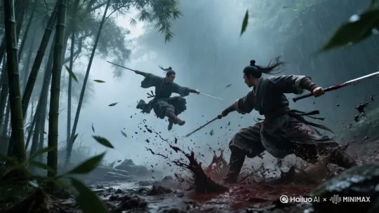 [右移,左摇,跟随]中国武侠电影，身着传统武侠服饰的男女剑客在幽暗竹林中挥剑对决。血滴与竹叶随着剑气翻飞，手持设备拍摄捕捉近景动作细节。潮湿的雾气中月光若隐若现，叶片在气浪中缓缓飘落。 by Hailuo AI Video Generator