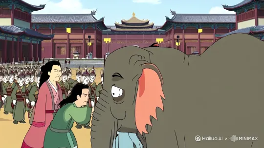 【短视频脚本：曹冲称象（200字版）】

🌅场景1：东汉宫殿广场  
群臣围着一头巨象议论纷纷，曹操抚须皱眉："谁能称出此象重量？"官员们摇头擦汗，士兵抬出巨型秤具瞬间被压垮。（镜头特写：秤杆断裂）

🎬场景2：花园廊下  
7岁曹冲眼睛一亮！（清脆童声："父亲，我有法子！"）镜头俯拍他踮脚拽曹操衣角，众人疑惑张望。

⛵场景3：汴河码头  
巨象被引至木船，船身缓缓下沉（动画水纹特效）。曹冲挥朱笔标记水位："此线即象重！"士兵们将象牵回岸。

🗻场景4：搬运巨石  
镜头快切：无数石块堆满船舱直至压到标记线。曹冲指挥称量碎石，算盘噼啪作响（数字滚动特效）。

🌟场景5：夕阳庆贺  
曹操朗声大笑，举起曹冲："吾儿智谋胜千钧！"字幕浮现："智慧不以年龄论，巧思可解万古题"。

🎵背景音：古筝渐强，混入清脆童谣吟唱，片尾水墨画出"创新思维"印章。[左移,推进,右摇] by Hailuo AI Video Generator