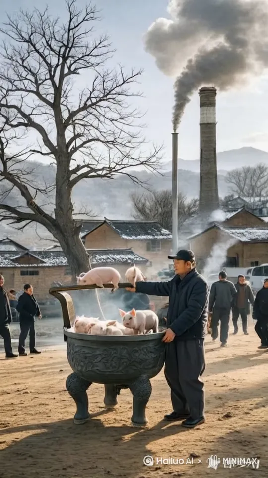 大鼎幻化成蒸汽朋克风格的火车，车厢内载着几只嬉戏的小猪，它们好奇地探出头来。火车喷出缕缕白烟，行驶在乡间的道路上。人们迅速从腰间抽出套绳，熟练地甩出两圈，精准地套住火车头，稳住车身，展现出乡村生活的乐趣与智慧。近景至中景，动态捕捉瞬间，画面充满活力与幽默感。 by Hailuo AI Video Generator