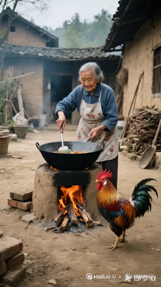 老奶开心炒菜，地上的大公鸡突然跳进炒菜的锅里卧到锅里 by Hailuo AI Video Generator