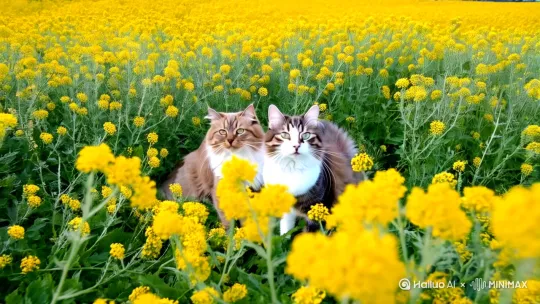 两只开心的猫，来到油菜花地，深深的呼吸，它不时的在油菜地里打滚。 by Hailuo AI Video Generator