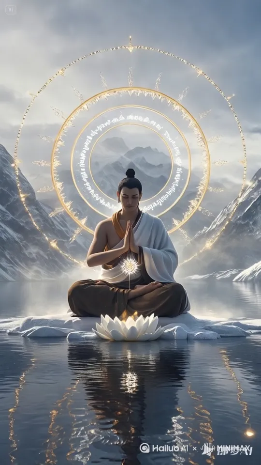 升降+旋转镜头：从湖面倒影的混沌人形缓慢上升，真身逐渐绽放光芒，虚影与实体重叠刹那击碎冰层， by Hailuo AI Video Generator