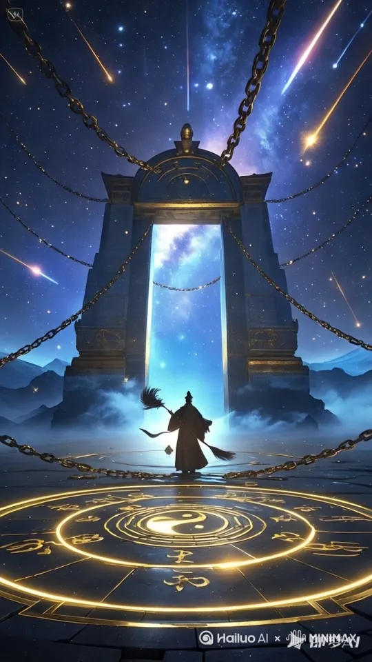 升降镜头：破碎枷锁升空重组为星轨，道人踏罡步引动天雷，天门缓缓开启射出圣光，配古琴泛音与宇宙低频音效 by Hailuo AI Video Generator