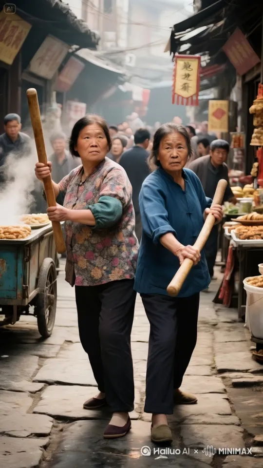 "镜头移动，动态跟随，两个人手持擀面杖，身姿轻盈，即将展开一场惊心动魄的中国功夫对决。左边的人率先发动，他脚下轻点，身形如燕，瞬间跃至半空，手中擀面杖直刺而出，仿若飞箭，这一招融合了轻盈的轻功与凌厉的剑式。右边的人踏着奇异的步伐，侧身躲开攻击，同时手中擀面杖横扫，如同长鞭挥舞，风声呼啸。左边的人在空中一个翻转，借着轻功之力再次拔高，擀面杖自上而下猛砸，气势如虹，仿佛泰山压顶。右边的人急速后退，脚步如行云流水，擀面杖向上一挡，发出 “砰” 的一声巨响，两人各自借力向后飘去。落地瞬间，两人再次弹起，如鬼魅般冲向对手，擀面杖左劈右砍，招式快如闪电。
两人的身影在场地里交错翻飞，轻功使得他们的动作更加飘逸灵动，他们各自施展奇妙的轻功身法，在狭小的空间内穿梭自如，手中擀面杖不时回击，角度刁钻，周围的人欢呼雀跃、拍手叫好" by Hailuo AI Video Generator