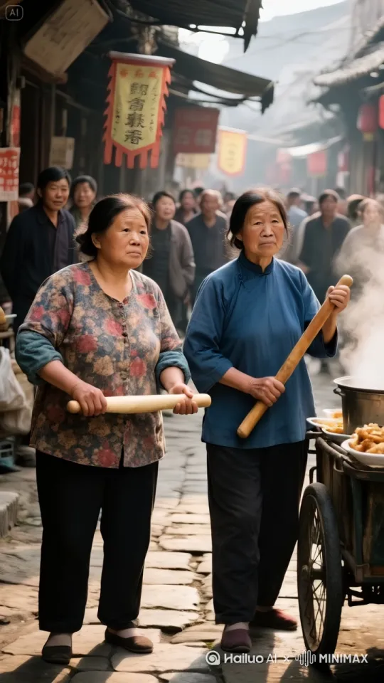 "镜头移动，动态跟随，两个人手持擀面杖，身姿轻盈，即将展开一场惊心动魄的中国功夫对决。左边的人率先发动，他脚下轻点，身形如燕，瞬间跃至半空，手中擀面杖直刺而出，仿若飞箭，这一招融合了轻盈的轻功与凌厉的剑式。右边的人踏着奇异的步伐，侧身躲开攻击，同时手中擀面杖横扫，如同长鞭挥舞，风声呼啸。左边的人在空中一个翻转，借着轻功之力再次拔高，擀面杖自上而下猛砸，气势如虹，仿佛泰山压顶。右边的人急速后退，脚步如行云流水，擀面杖向上一挡，发出 “砰” 的一声巨响，两人各自借力向后飘去。落地瞬间，两人再次弹起，如鬼魅般冲向对手，擀面杖左劈右砍，招式快如闪电。
两人的身影在场地里交错翻飞，轻功使得他们的动作更加飘逸灵动，他们各自施展奇妙的轻功身法，在狭小的空间内穿梭自如，手中擀面杖不时回击，角度刁钻，周围的人欢呼雀跃、拍手叫好" by Hailuo AI Video Generator