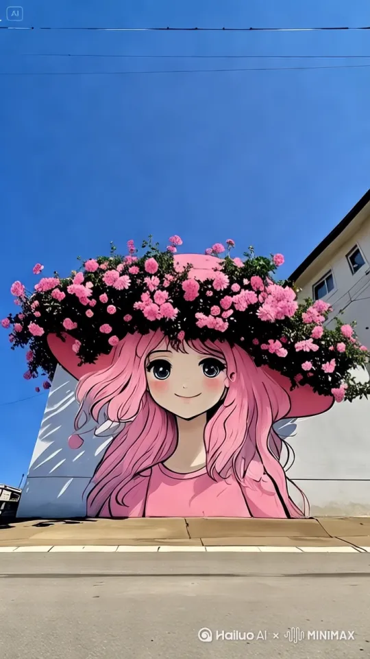 镜头环绕，墙壁上绘画的少女不动，花朵或者植物被风吹动，左右摇摆 by Hailuo AI Video Generator