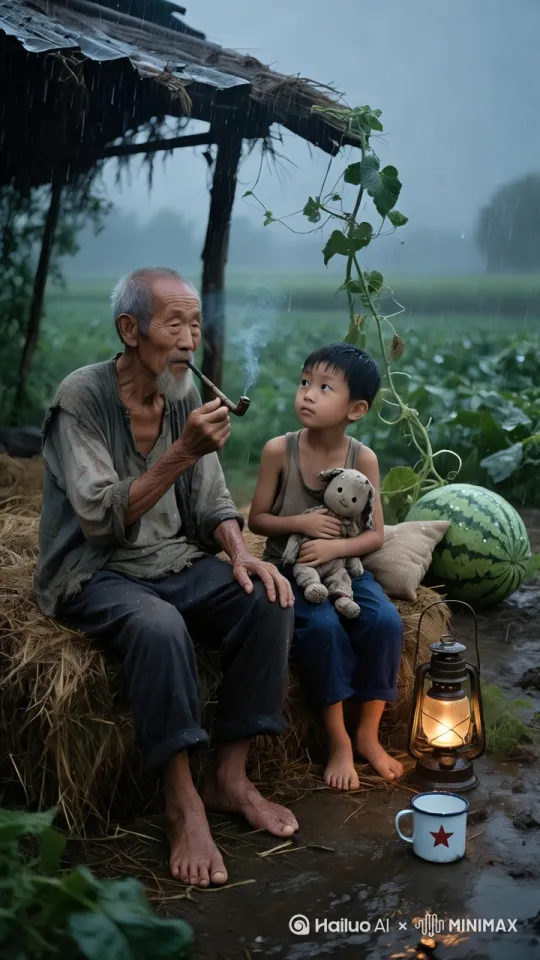 [固定镜头]画面以灰蓝色调打底，渲染出雨夜的清冷氛围，又以暖黄色灯光作为点缀，形成冷暖对比。一位衣着陈旧、布满补丁的老人，坐在干草堆上，手中的烟斗冒着袅袅青烟，脸上刻满岁月的痕迹。旁边小男孩穿着背心和旧裤子，光着脚丫，怀里紧紧抱着一只破旧的毛绒玩具时而和老人聊天。表情自然，动作协调
 
下着大雨，简易的草棚下，一盏老式马灯散发出昏黄温暖的光，灯光在雨幕中微微摇曳。旁边放着一个带有红星标志的搪瓷杯，杯身反射着微弱的灯光。背景里的瓜田在雨中若隐若现，雨滴打在西瓜和藤蔓上。整个场景充满温情与怀旧感。 by Hailuo AI Video Generator