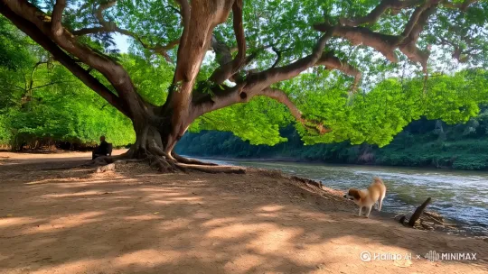 一只小狗在大树下玩耍，旁边一个老爷爷摇着蒲扇乘凉，不远处是一条小河静静流淌。 by Hailuo AI Video Generator