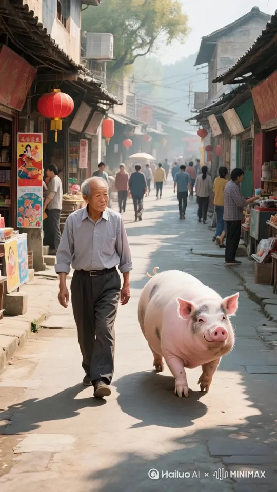 镜头移动，动作跟随，史诗级电影动作，展现中国轻功，大爷快速托举着大肥猪高速飞向房顶，迅速的飞行，动作干净利落， by Hailuo AI Video Generator