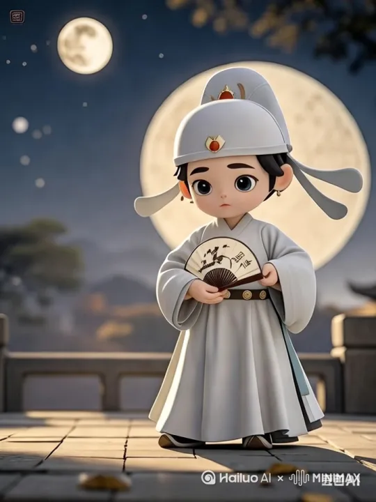 5岁Q版3D动漫小男孩...（固定前缀）跪坐在雕花木窗前，双手托腮仰望星空，睫毛上沾着细碎月光，床前洒满银色光斑，全景俯视镜头突出人物与环境互动感。形象保持统一 by Hailuo AI Video Generator