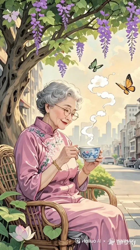 快速高空跟踪镜头移动，无人机视角，
一个超现实的高速梦境序列相机紧密跟
踪，相机从略高位置的俯视角度紧密跟
踪从左后方向左前方移动，随着角色迅
速穿越场景。环境是动态的，超级快速
变化。人物端着茶杯像仙女一样飞向空中，飞的
很高，轻松地转个圈在空中向左前方快速滑行，双
臂向两侧伸展，头部向前捕捉平滑水平
飞行的感觉。头发、衣服随风摇摆，下面
有跟图片中同样的街道，脚后持续冒着
烟雾，就像喷气机一样，运动模糊和光
迹增强了速度感和流畅性。超级快速移 by Hailuo AI Video Generator