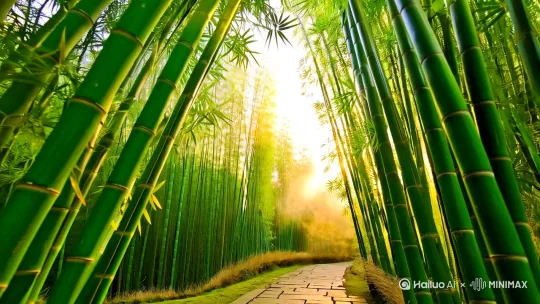 分镜1: 晨光穿透层层翠竹洒向覆盖青苔的石径,细长竹影在薄雾中轻轻摇曳。摄像机静止不动,自然光斑驳地映在湿润的竹干表面,浅景深效果突显叶片纹理的丰富细节。
分镜2: 成片修竹在微风中形成起伏的绿色波浪,镜头以低角度缓慢平推。薄纱般的山雾缠绕在竹节之间,柔和的逆光为叶缘镀上朦胧的金色光晕,营造出宁静祥和的氛围。 by Hailuo AI Video Generator