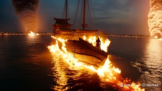 prompt = "Ancient Chinese warship burning on Yangtze River, cinematic lighting, hyper-detailed 8K, smoke effects with Houdini simulation, historical accuracy, Cao Cao's silhouette against fire" by Hailuo AI Video Generator