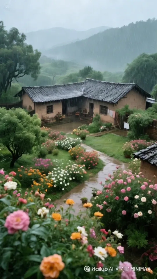 雨越下越大，清晰可见。古朴的土坯房，黑瓦在雨幕中闪烁着微光，静静地坐落于画面中央。屋前的小院，被缤纷多彩的花丛环绕，红的、粉的、白的、橙的花朵在雨中愈发娇艳欲滴，花瓣上挂满晶莹的水珠。
 
一条小径蜿蜒穿过花丛，路面已被雨水浸湿，积起浅浅的水洼，倒映着周围的景色。小院中，绿植在雨水的滋润下显得格外翠绿。房屋的门窗半掩着，屋内隐约可见一些生活物件，门口还挂着晾晒的衣物，在风雨中轻轻晃动。
 
远处，山峦被雨雾笼罩，呈现出一片朦胧的黛色，仿佛一幅淡雅的水墨画。树木在雨中沙沙作响，枝叶随风摇曳。整个场景静谧而美好，弥漫着乡村独有的诗意与安宁，诉说着雨中田园的温柔与缱绻。[固定镜头] by Hailuo AI Video Generator