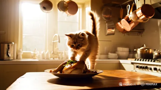 一个一个小猫在做饭，做了一个大盘鸡 by Hailuo AI Video Generator