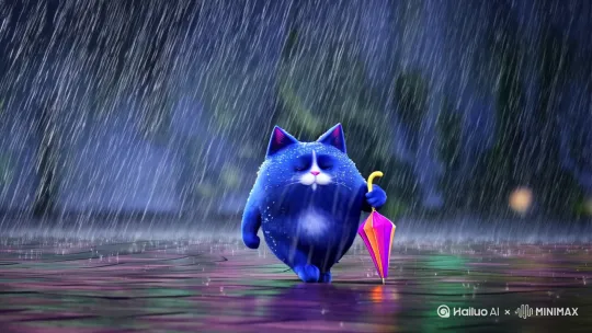 一只蓝色胖猫打着伞在大雨中前行，他画面拉近他还是继续走着，不管雨有多大，有多猛烈 by Hailuo AI Video Generator