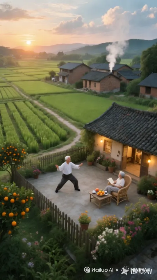 固定镜头，老爷爷在打太极，老奶奶在看书。 by Hailuo AI Video Generator
