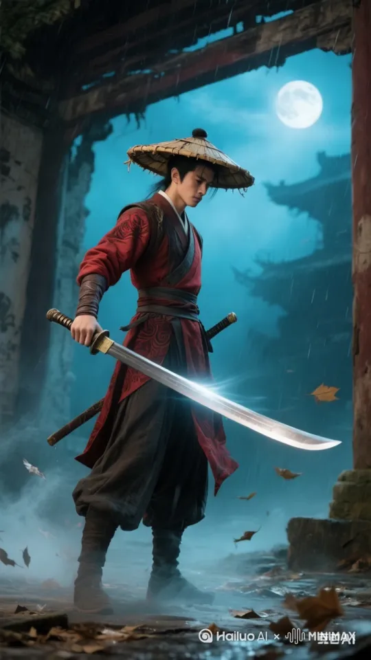 拧身蓄力然后瞬间如旋转的陀螺旋转向人物正面前方快速前进，动作连续流畅不停顿，卡顿，人物身体会前小幅度前倾，加上粒子特效刀气，动态模糊[右移,跟随] by Hailuo AI Video Generator