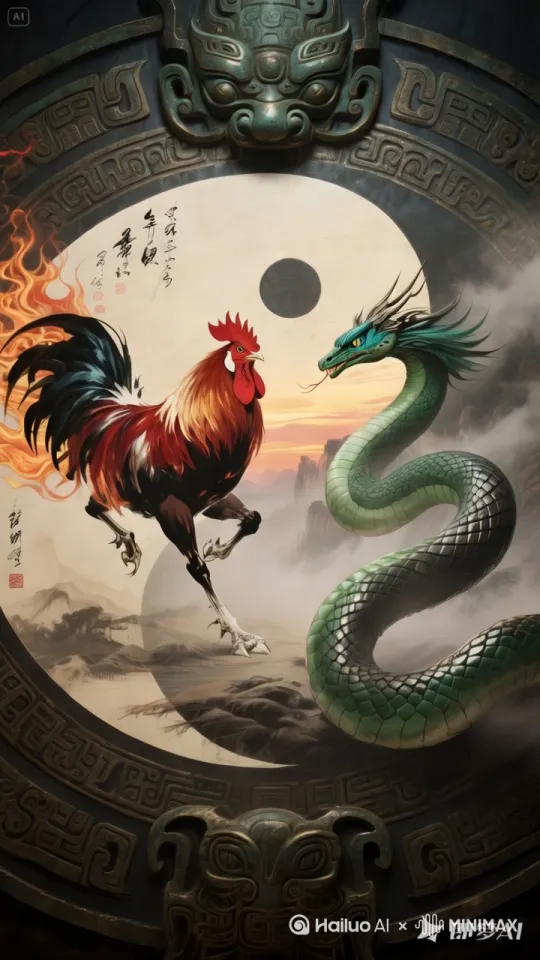 鸡和蛇史诗般的暴力打斗场面，镜头限随图片中的蛇和鸡拳打脚踢。快速暴力动作片，蛇和鸡的生死战，电影级，蛇和鸡拳打脚踢动作非常快速，鸡和蛇打出幻影 by Hailuo AI Video Generator