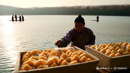 中华绒螯蟹的养殖全过程，幼蟹的人工培育，成蟹的阳澄湖围网养殖，养殖户每天给大闸蟹喂食玉米和小杂鱼，幼蟹经过一次次的蜕壳，在中秋佳节之际成熟了，养殖户们通过下地笼将成熟的大闸蟹打捞上岸后，马不停蹄的赶回自家院里，开始分拣，挑出肥美的大闸蟹，通过顺丰大闸蟹专线发往全国各地，端上餐桌品尝美味的大闸蟹！ by Hailuo AI Video Generator