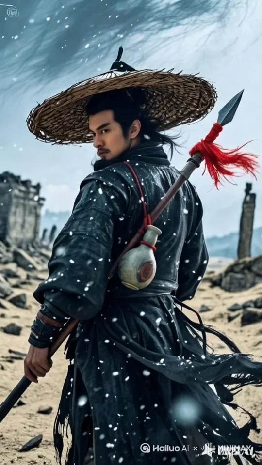 泼墨，豪迈笔刷，下大雪，大风，背影，林冲之风雪山神庙，一杆大红缨枪挂了酒壶芦，头戴草帽，盔甲战袍靓眼，徐克，大师之作，冷色主色，国风武侠，帅气男性，隽秀林冲，阳刚气质，眼神冷隽狠，脸部特写，单眼皮，真人写真，8k分辨率，高清，照片，摄影，最佳画质，疯狂的细节，荒原，废墟感，电影镜头，电影画质，电影海报， by Hailuo AI Video Generator
